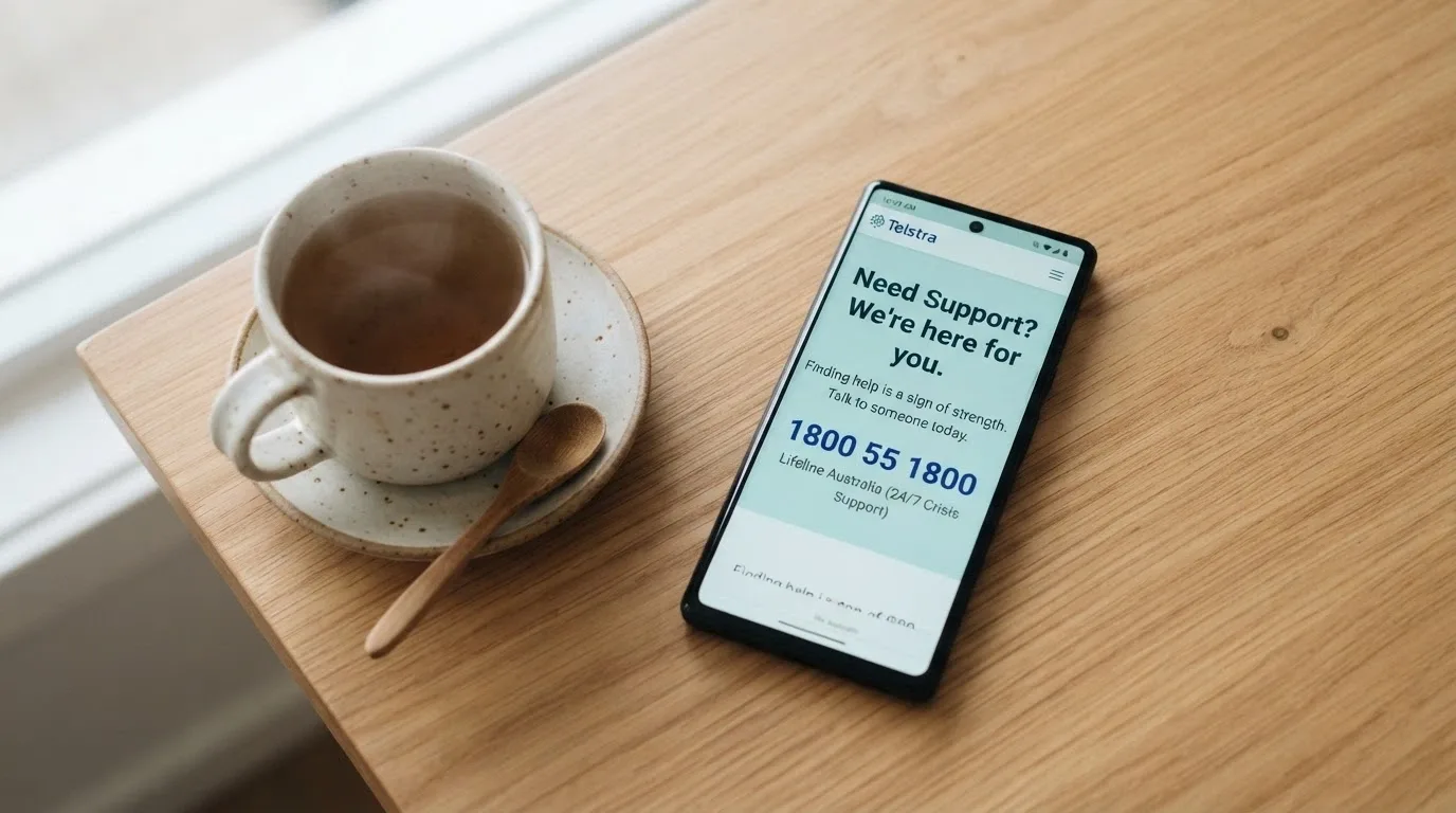 A phone displaying the Gambling Help Online website with the 1800 858 858 number prominently visible