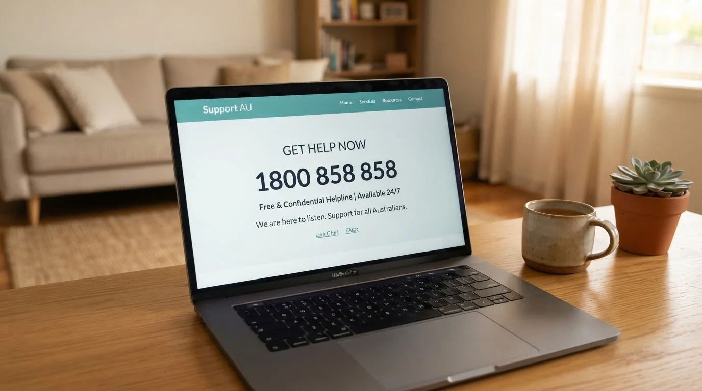 A laptop screen displaying the Gambling Help Online homepage with the 1800 858 858 helpline number prominent
