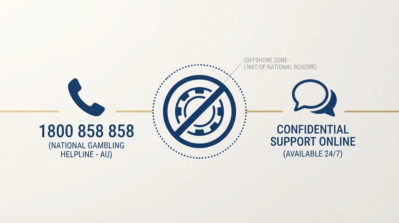 A clean graphic showing the National Gambling Helpline number 1800 858 858 alongside the Gambling Help Online logo and a BetStop-branded self-exclusion icon with a dotted-line circle marked “offshore casinos excluded”