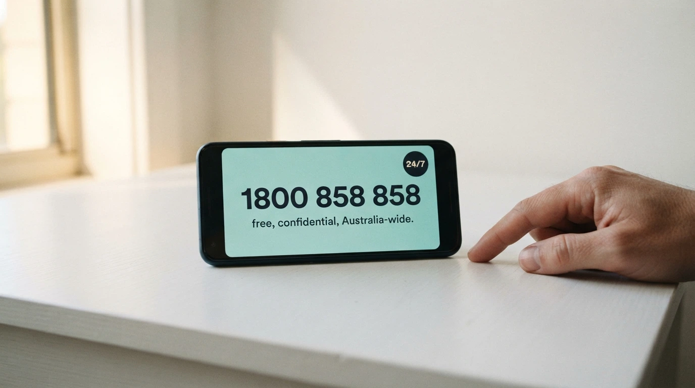 A phone screen displaying the National Gambling Helpline number 1800 858 858 with a 24/7 badge, the Gambling Help Online logo and the words “free, confidential, Australia-wide” beneath