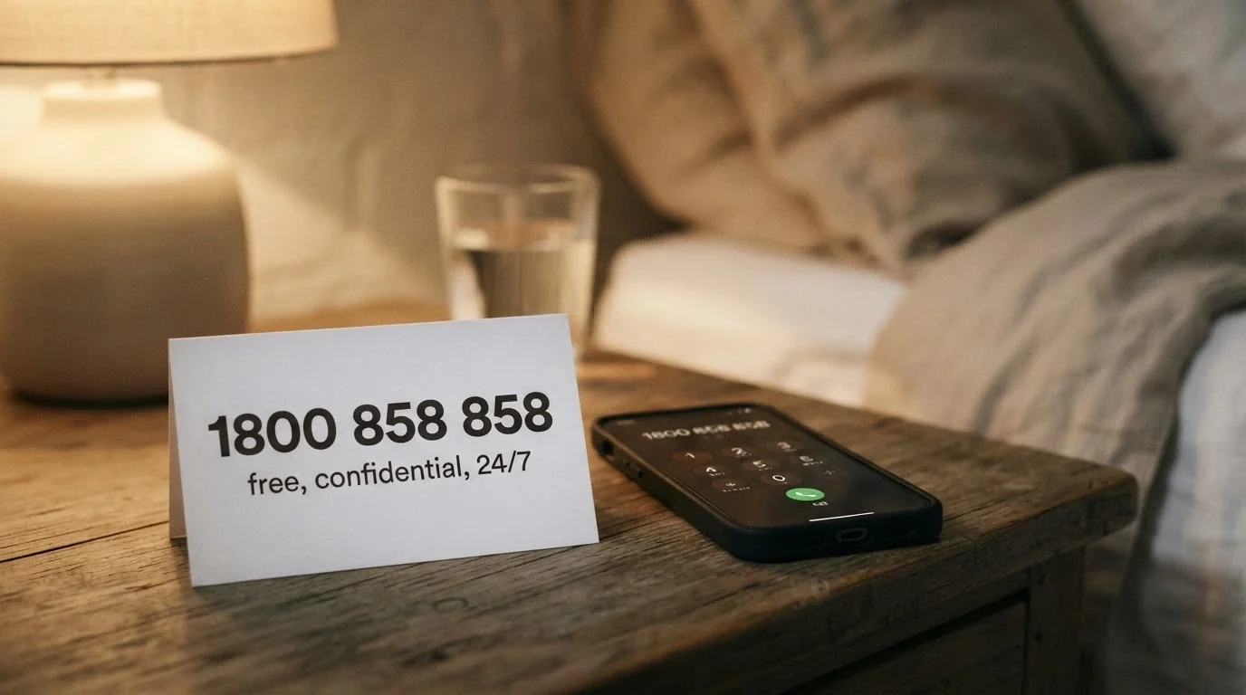 A close-up of the National Gambling Helpline number — 1800 858 858 — printed on a card beside a phone, the words free, confidential and 24/7 visible.