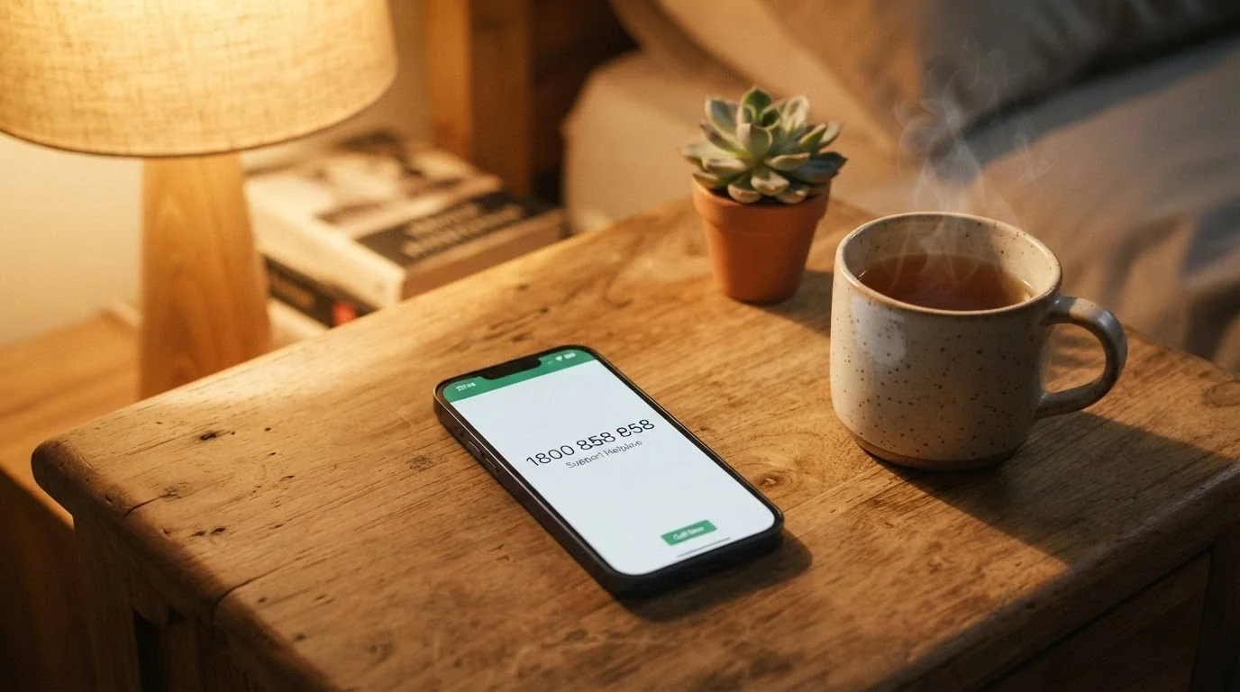 A supportive composition showing a phone with the number 1800 858 858 on screen beside a cup of tea or comforting object, with the Gambling Help Online logo visible