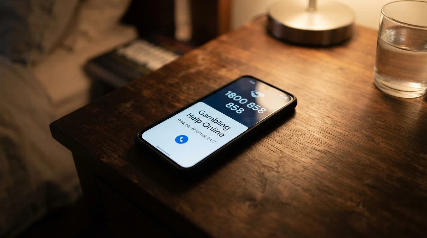 Phone screen displaying the number 1800 858 858 alongside the text Gambling Help Online — free, confidential, 24/7