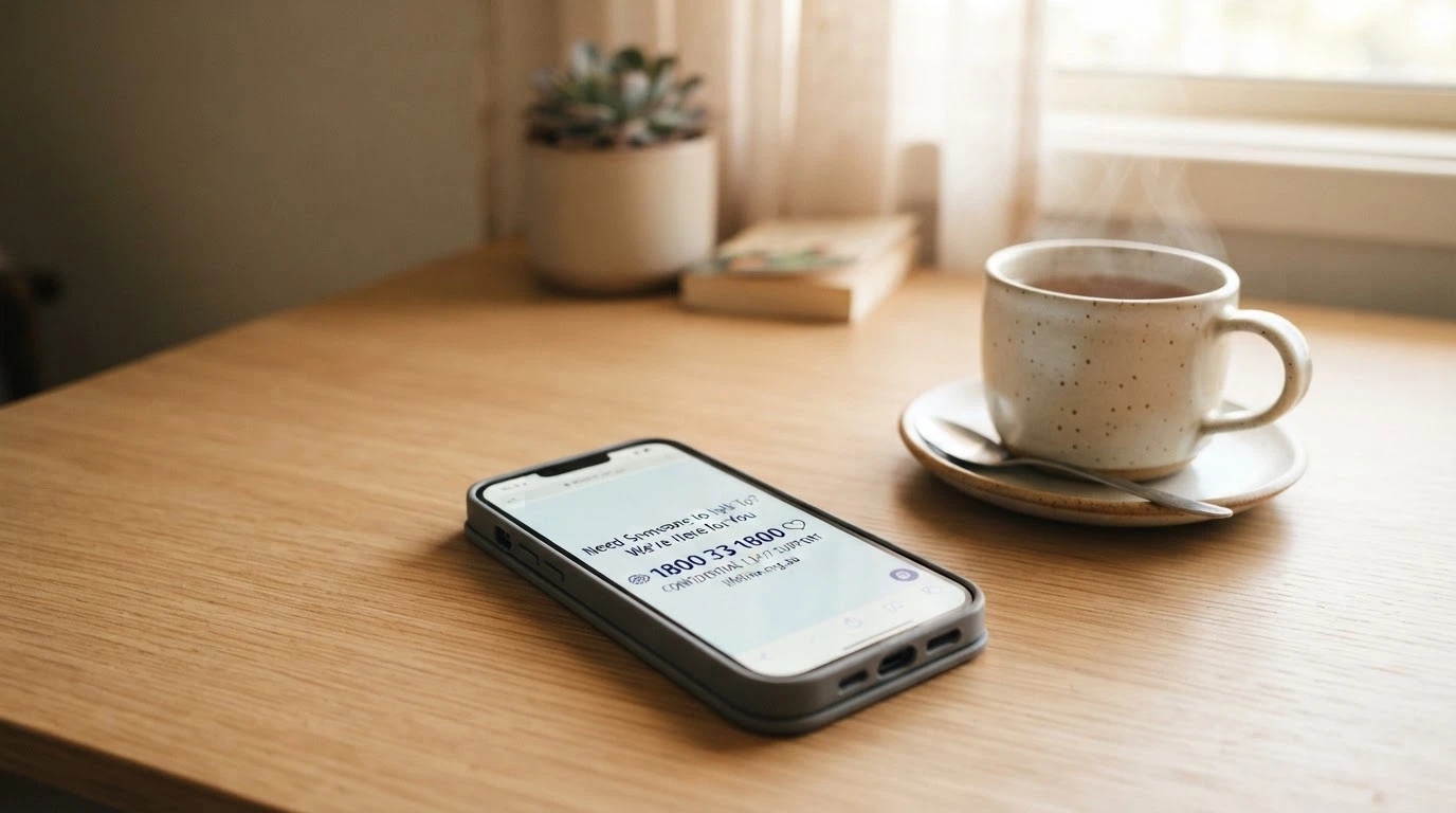 A calm, supportive image of a smartphone displaying the National Gambling Helpline number 1800 858 858 alongside the Gambling Help Online logo, set on a desk with a cup of tea