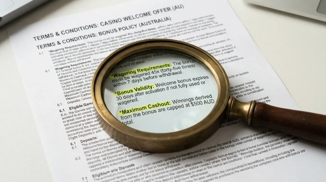 A magnifying glass over a casino bonus terms page, with the fine-print lines about wagering, validity and max cashout highlighted in yellow