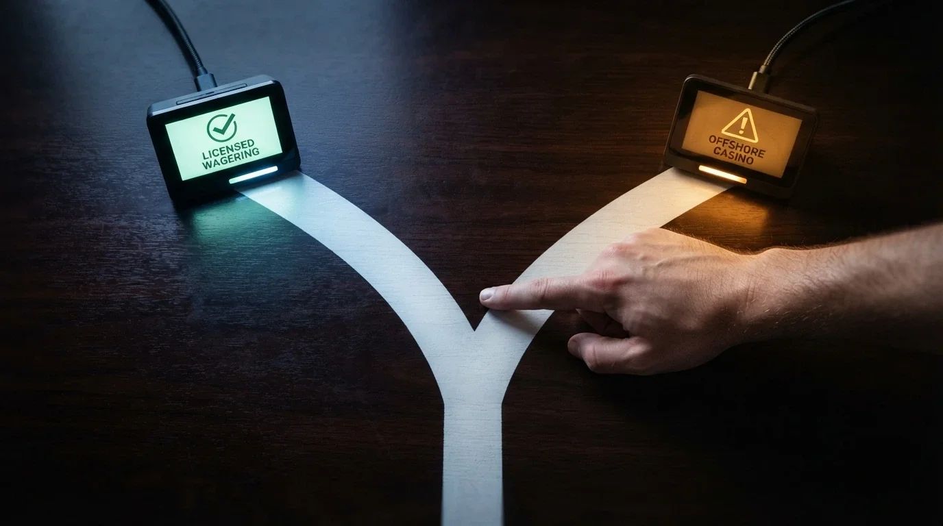 A player's hand hovering over two paths — one leading to a licensed wagering terminal with a BetStop badge, the other to an offshore casino screen with a warning triangle