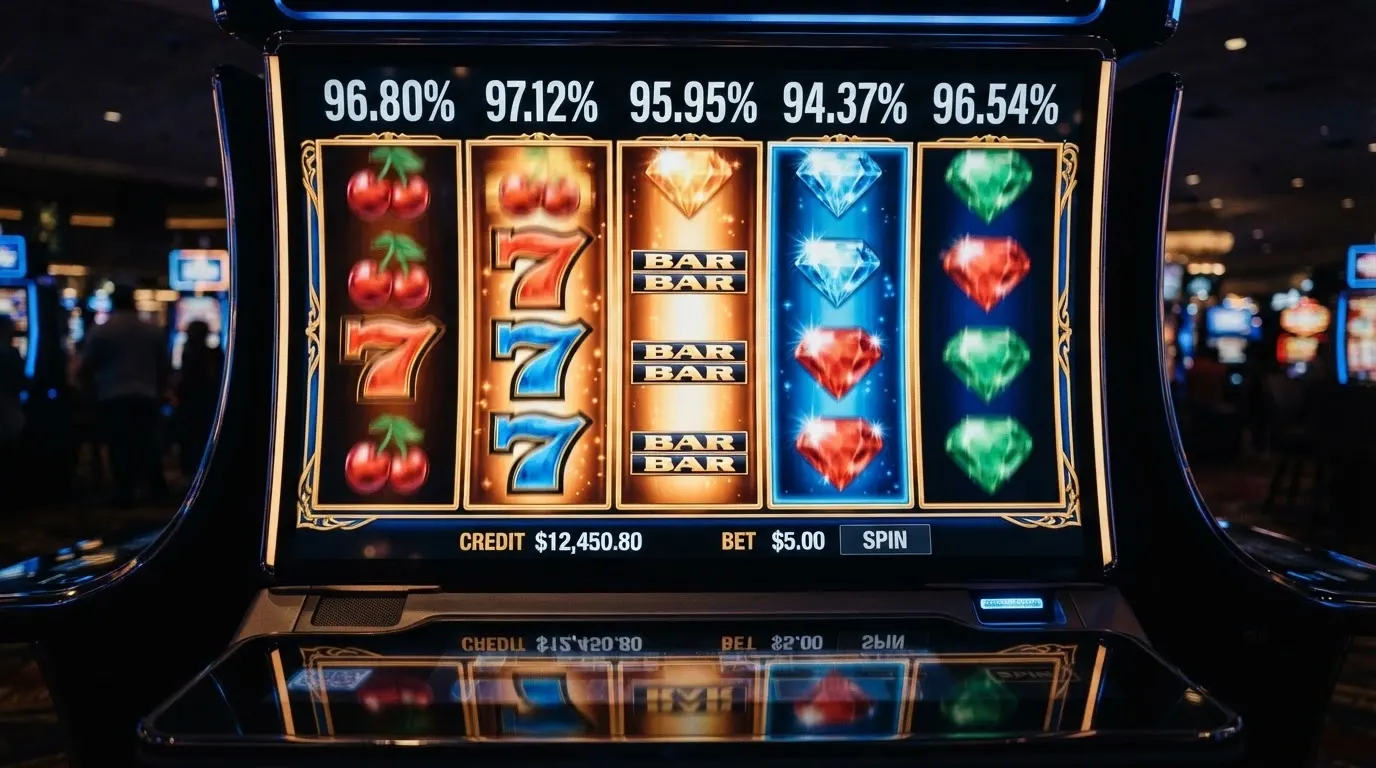 A grid of five popular online pokies title cards — Gates of Olympus, Big Bass Bonanza, Big Red, Wolf Gold and Book of Dead — with their RTP percentages overlaid