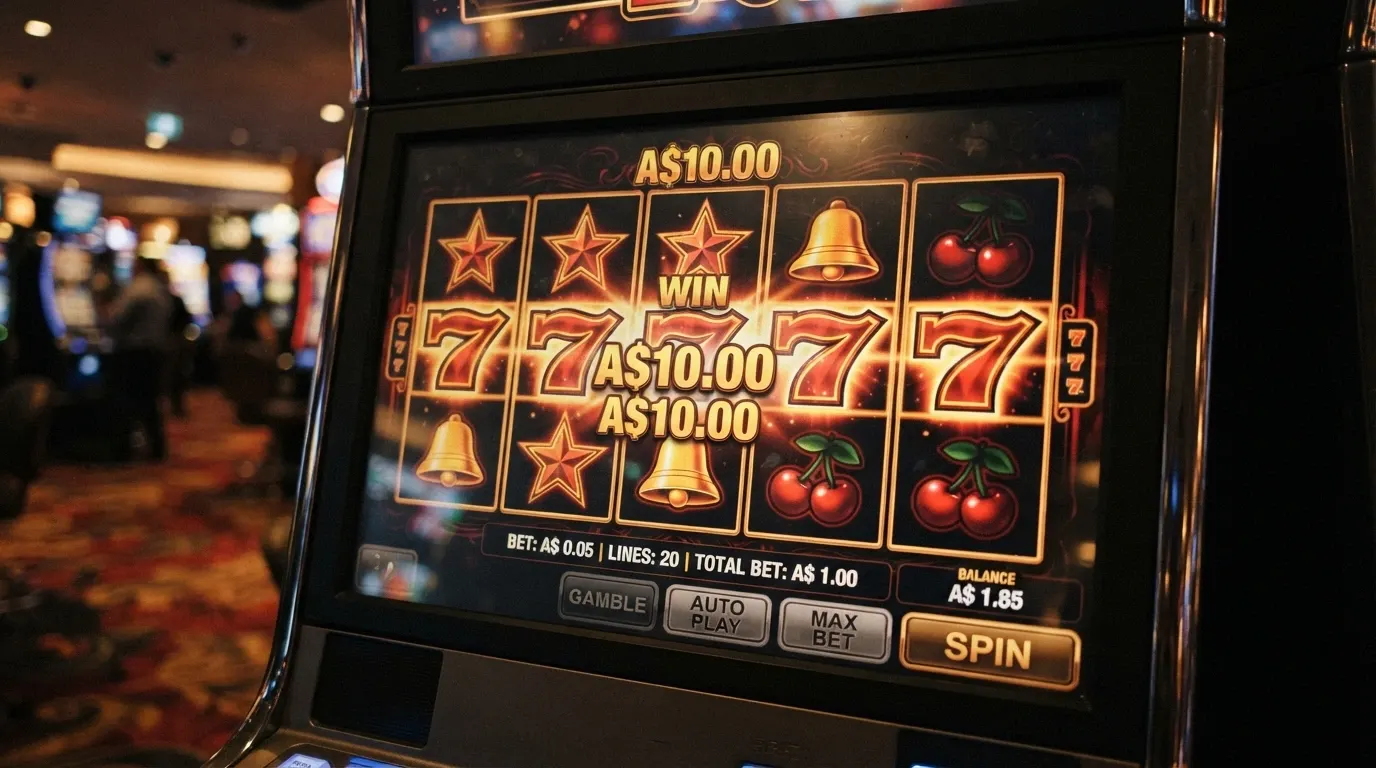 A pokie screen showing a spin result with the balance counter visible, emphasising the remaining spins from a small deposit