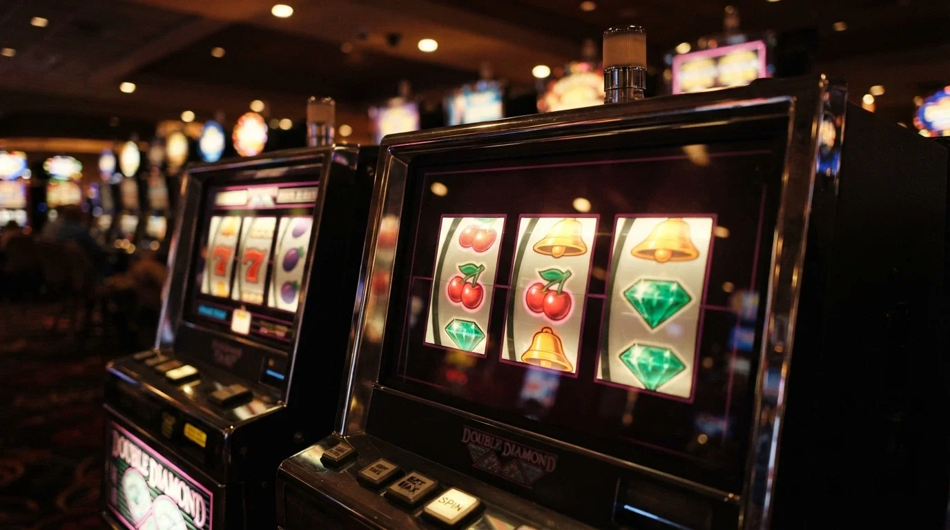 A grid of online pokies reels with game titles visible, including Mega Joker and Blood Suckers, bright casino lighting