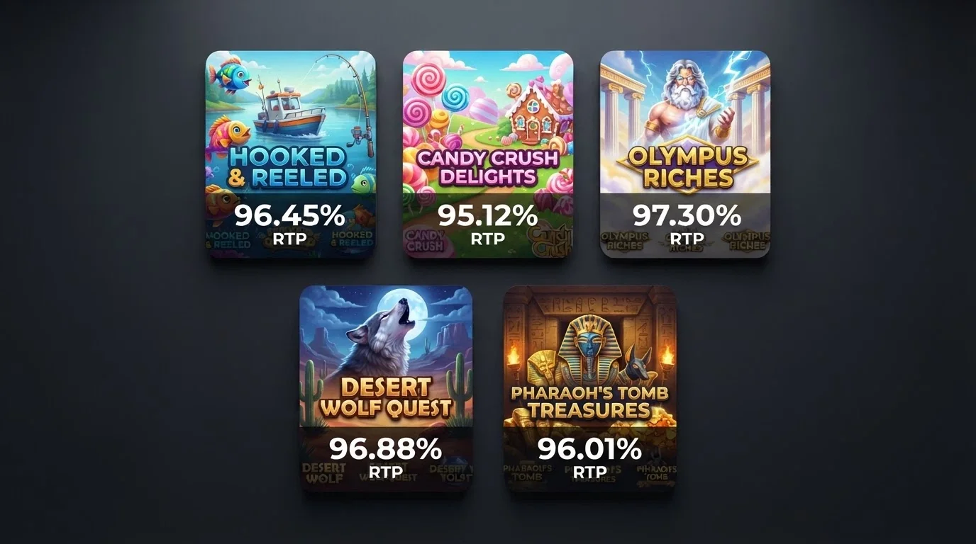 A grid of five popular pokie title cards — Big Bass Bonanza, Sweet Bonanza 1000, Gates of Olympus 1000, Wolf Gold and Book of Dead — each with its RTP percentage displayed prominently