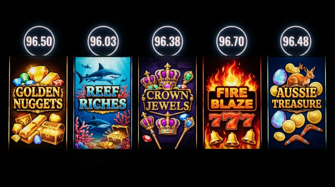 A row of five pokie title cards — Gates of Olympus, San Quentin xWays, Wanted Dead or a Wild, Razor Shark, Sweet Bonanza — with their RTP percentages overlaid as glowing badges