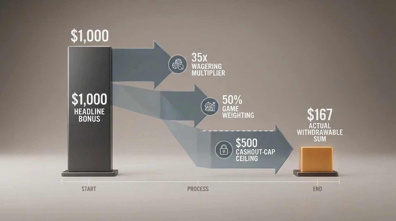 A simplified diagram comparing a headline bonus amount on the left with three shrinking arrows — wagering multiplier, game weighting, cashout cap — reducing it to a much smaller withdrawable sum on the right