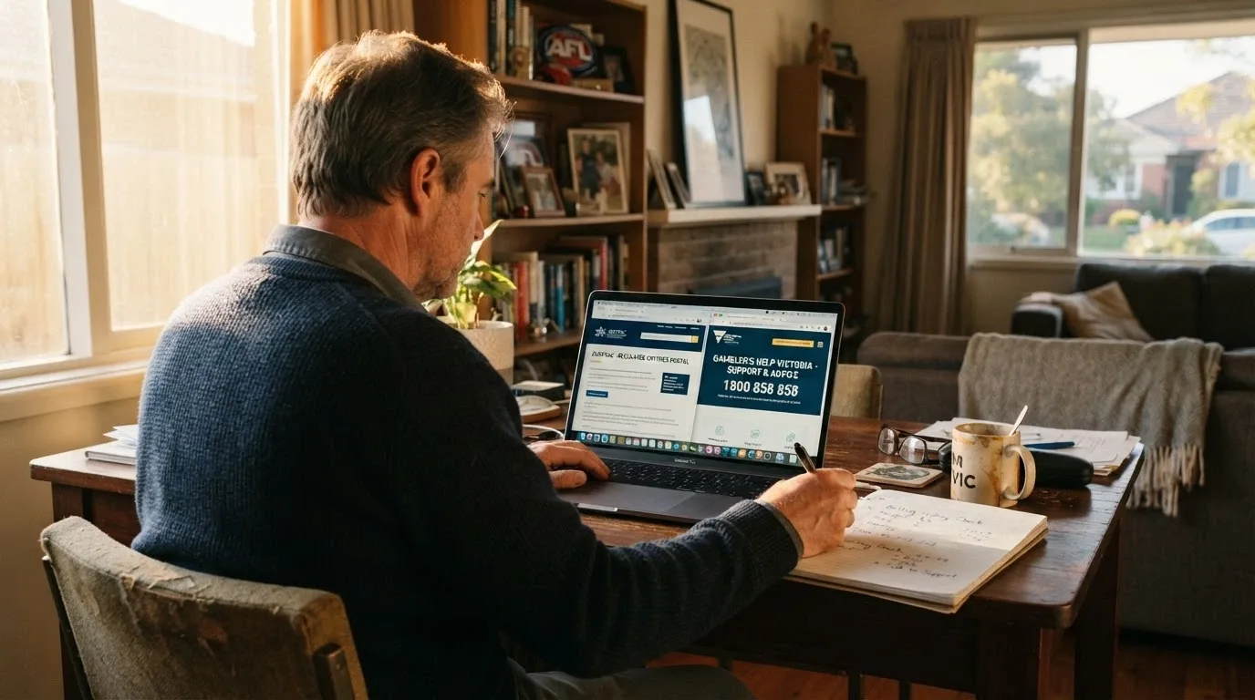 An Australian punter at a laptop, the screen showing a side-by-side view of the ACMA website and the National Gambling Helpline page, with a notebook open beside the keyboard