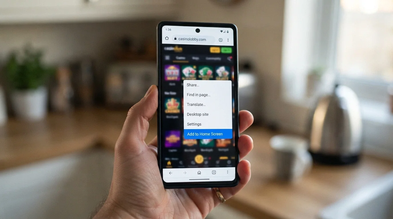 An Android phone screen showing the “Add to Home Screen” browser menu option with a casino site open in the background