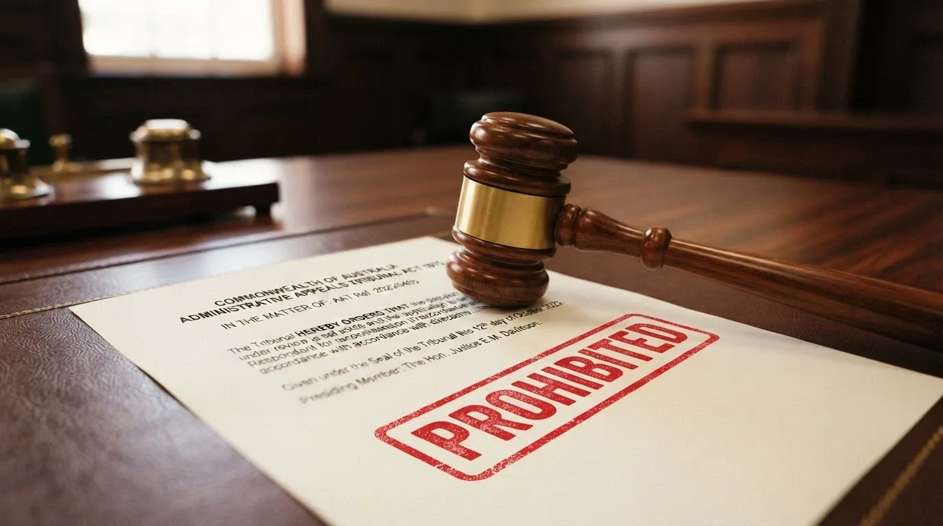 A gavel resting on a printed copy of the Interactive Gambling Act 2001, with a red PROHIBITED stamp across the bottom and the ACMA logo in the corner
