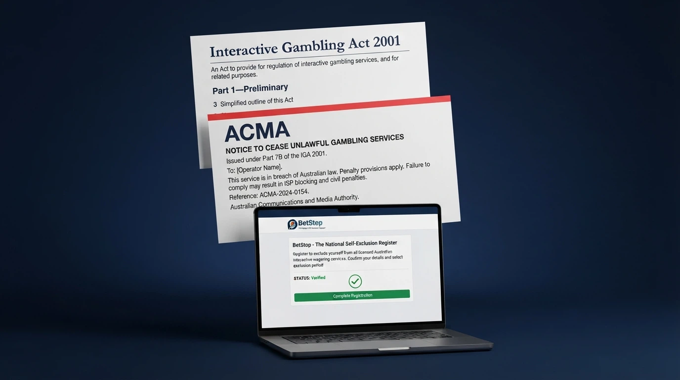 A stylised view of the Interactive Gambling Act 2001 document header, an ACMA enforcement notice and a BetStop registration screen, arranged as a regulatory-reference panel