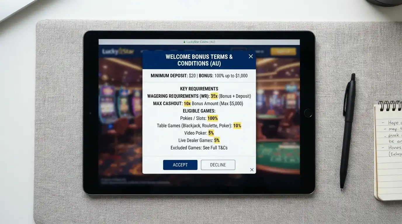 iPad screen displaying a casino bonus terms pop-up with wagering requirements, max cashout and game eligibility highlighted