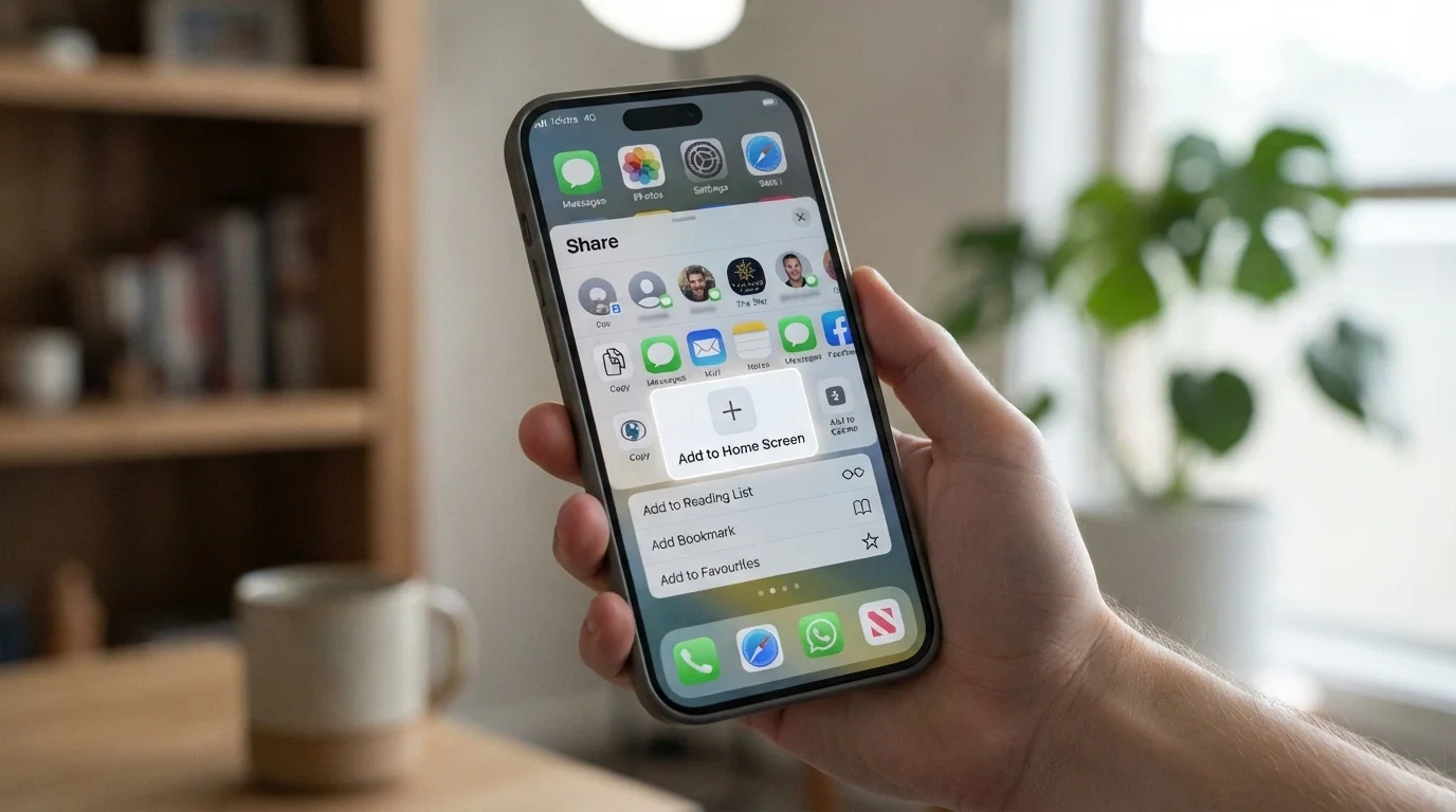 An iPhone screen displaying the Safari Share menu with Add to Home Screen highlighted, a casino PWA icon visible on the home screen behind it