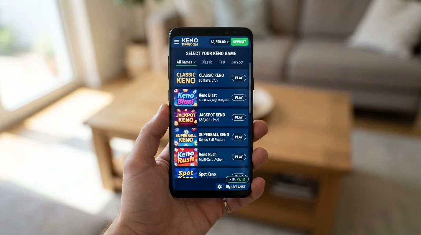 A keno game lobby screen with the deposit button, the game-format selector and the RTP badge visible, framed as a decision point