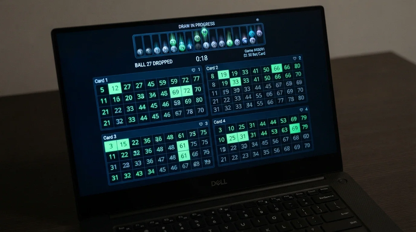 A keno interface showing multiple cards active simultaneously, with different number sets selected on each card and a draw in progress