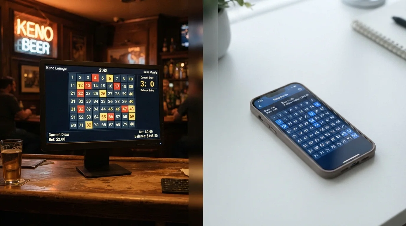 A split view: a keno screen on a desktop monitor set against a pub or club background on one side, and a smartphone showing a free-play keno demo with a practice-credits balance on the other