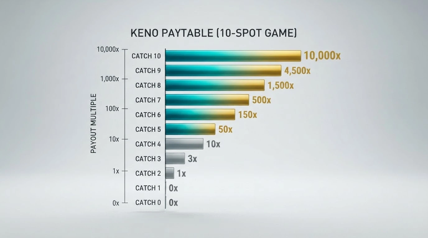 A visual breakdown of a keno paytable showing catch counts from 0 to 10 against their payout multiples, with the sub-5-catch rows greyed out