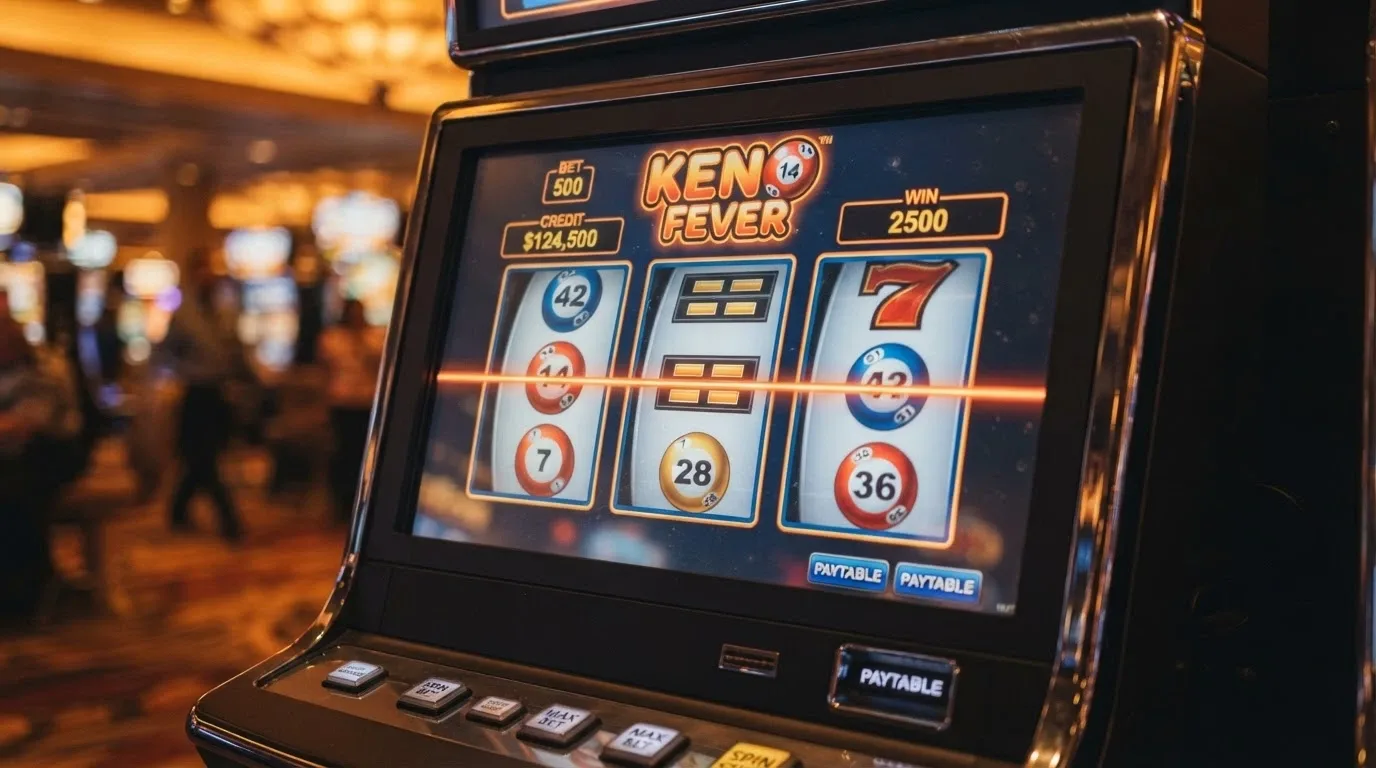 A keno-themed slot machine screen showing numbered reels, keno-ball symbols and a payline highlight, distinct from a standard keno grid