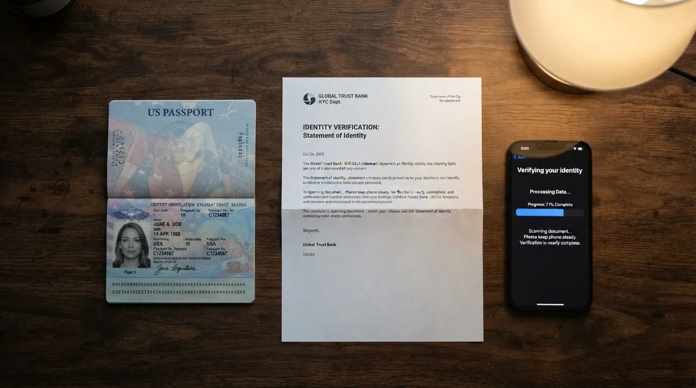 A desk with an open passport, a utility bill and a smartphone showing a casino verification screen with a progress bar, arranged as if being photographed