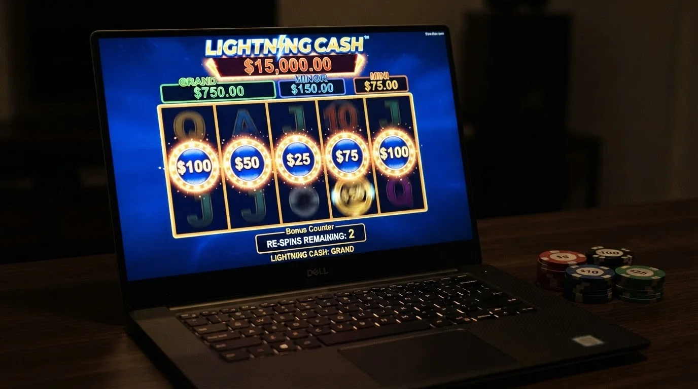 Lightning Link pokie interface displaying the Hold & Spin bonus round with Mini, Minor, Major and Grand jackpot prizes