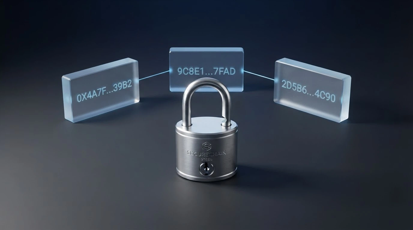 A simplified visual of Litecoin blockchain blocks with a padlock symbol and a cryptographic hash string, overlaid on a dark technical background