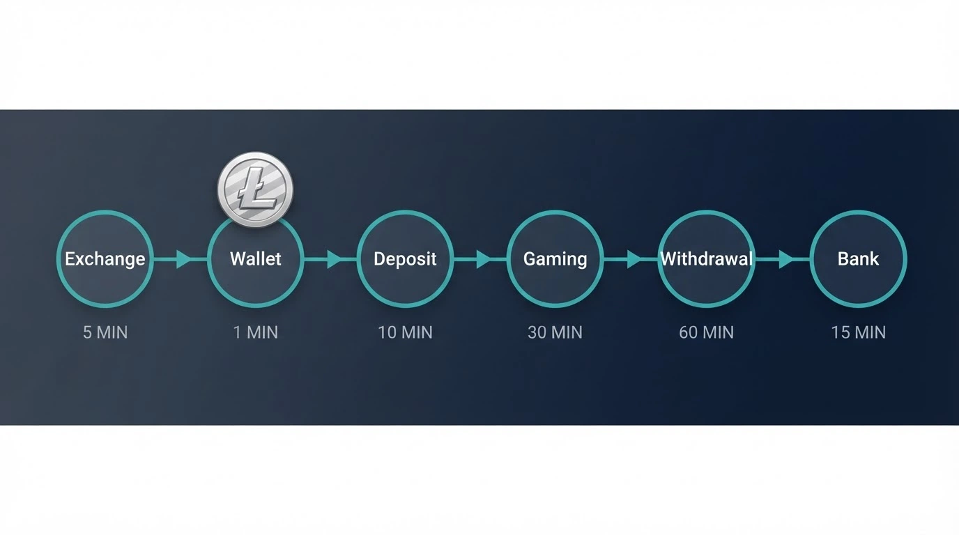 A horizontal timeline graphic showing the stages of a Litecoin casino transaction: exchange, wallet, casino deposit, gaming, withdrawal, bank — with time markers at each stage