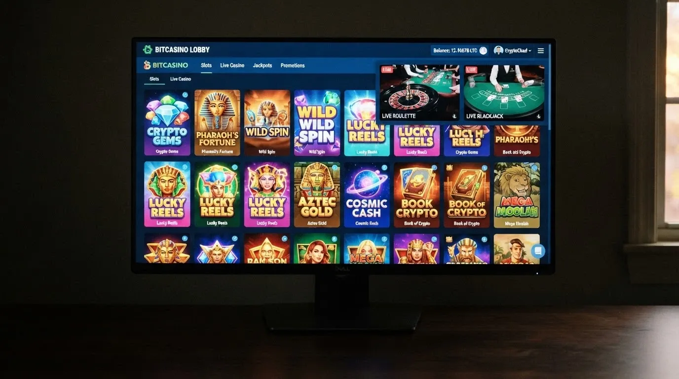 A vibrant casino game lobby grid showing pokies thumbnails, a live-dealer roulette stream and a blackjack table, with a Litecoin deposit balance visible in the top corner