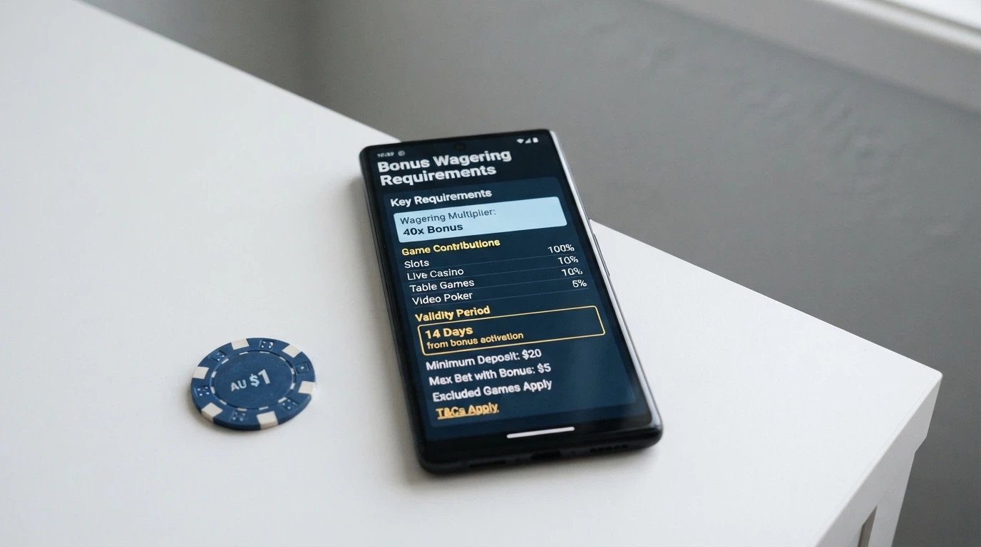 A close-up of a smartphone displaying a casino bonus terms page, with the wagering requirement, game contribution table and validity window highlighted on screen