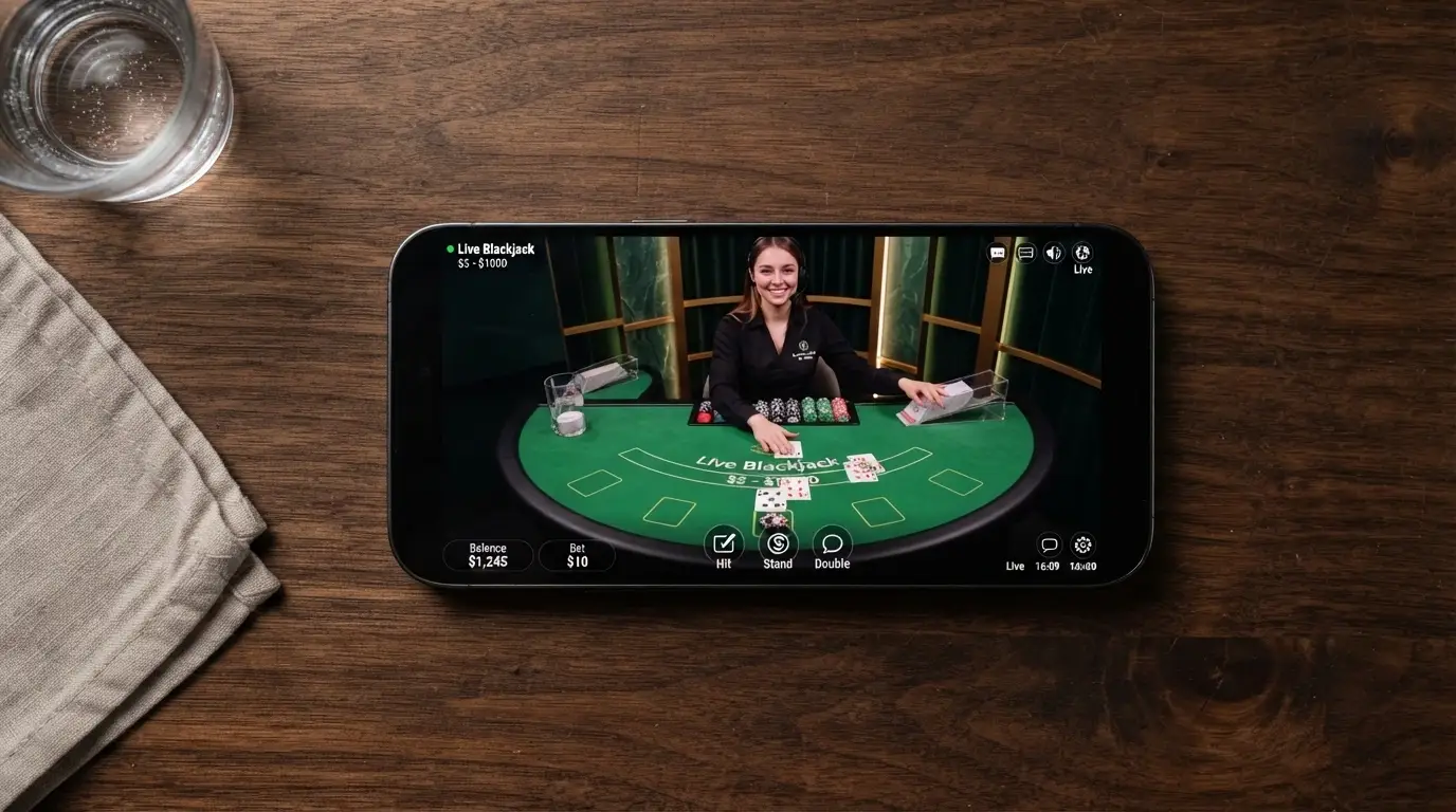An Android phone in landscape orientation streaming a live blackjack or roulette table with a real dealer visible