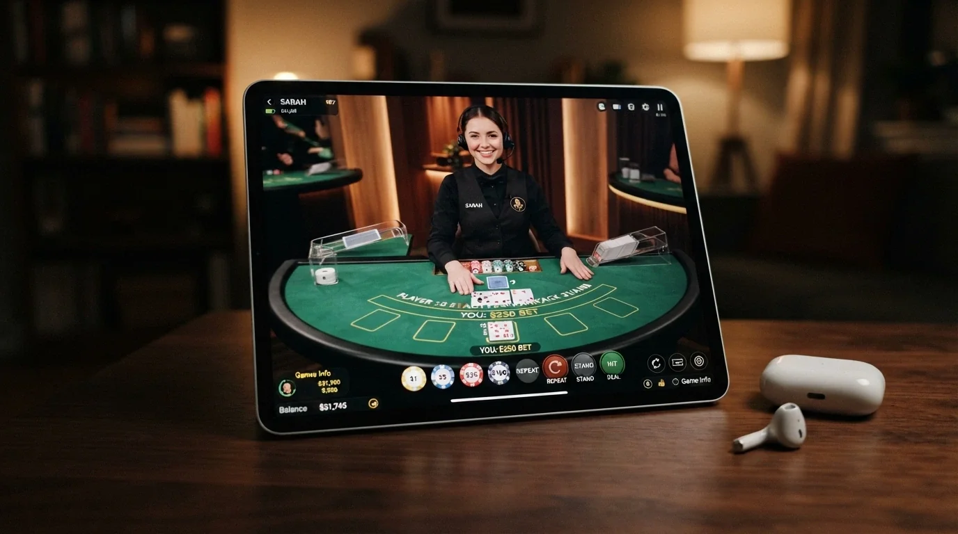 iPad in landscape orientation showing a live-dealer blackjack table with a real dealer visible via video stream and touch bet controls overlaid