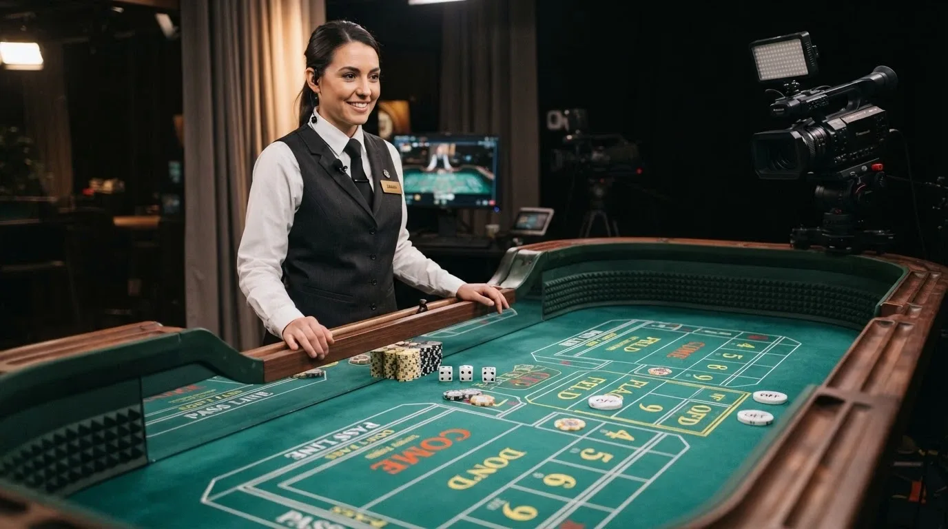 A live dealer standing behind a craps table in a broadcast studio, with the betting interface overlay visible on the screen