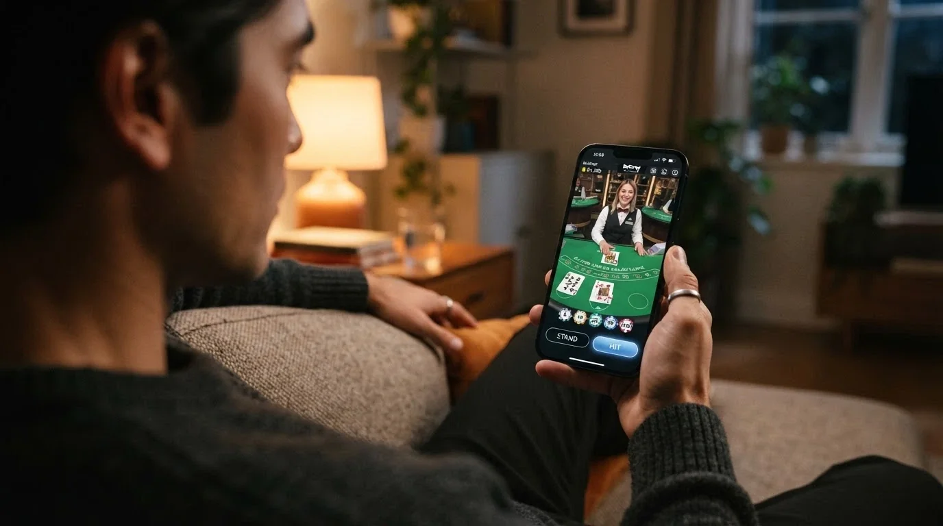 An iPhone displaying a live-streamed blackjack table with a real dealer, cards on the felt and a betting interface overlaid