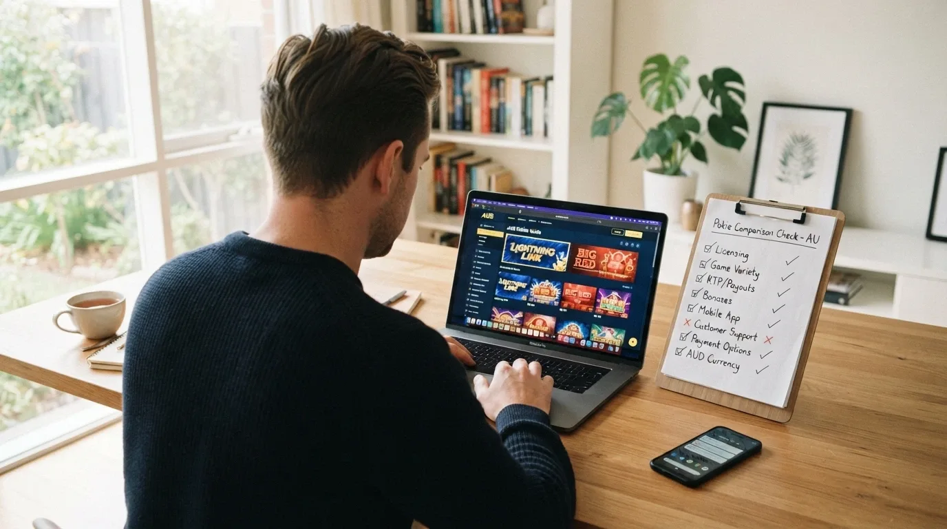 Australian player at a desk making an informed choice, with a pokies site and a comparison checklist visible