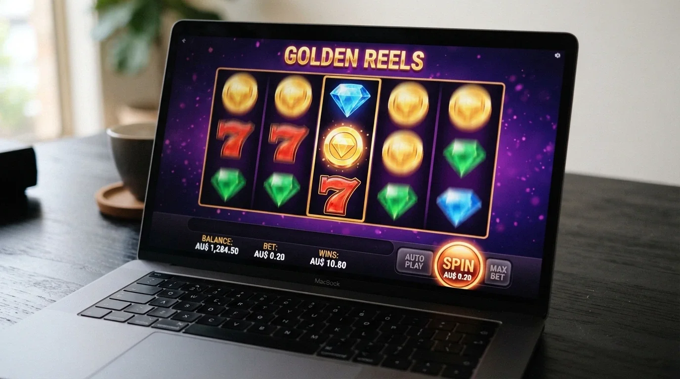 A colourful online pokie game screen with spinning reels and a low-stakes bet display showing a AU$0.20 spin amount