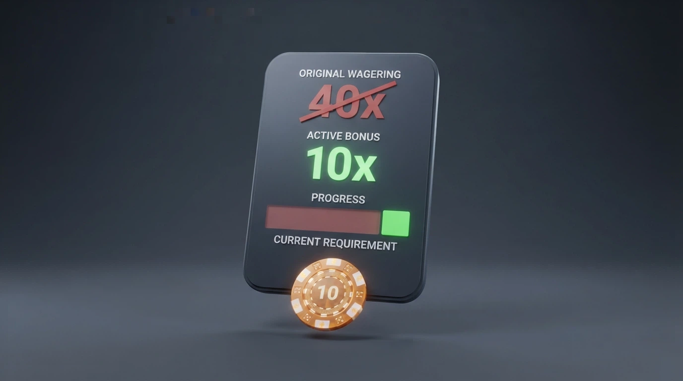 A calculator-style overlay on a casino bonus screen with a “40x wagering” label crossed out and replaced by “10x,” showing the reduced turnover figure below