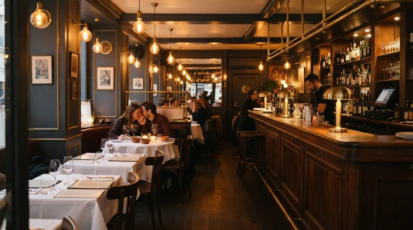 Interior of Madame Hanoi Bar & Bistro with French-Vietnamese décor, mood lighting and dining tables