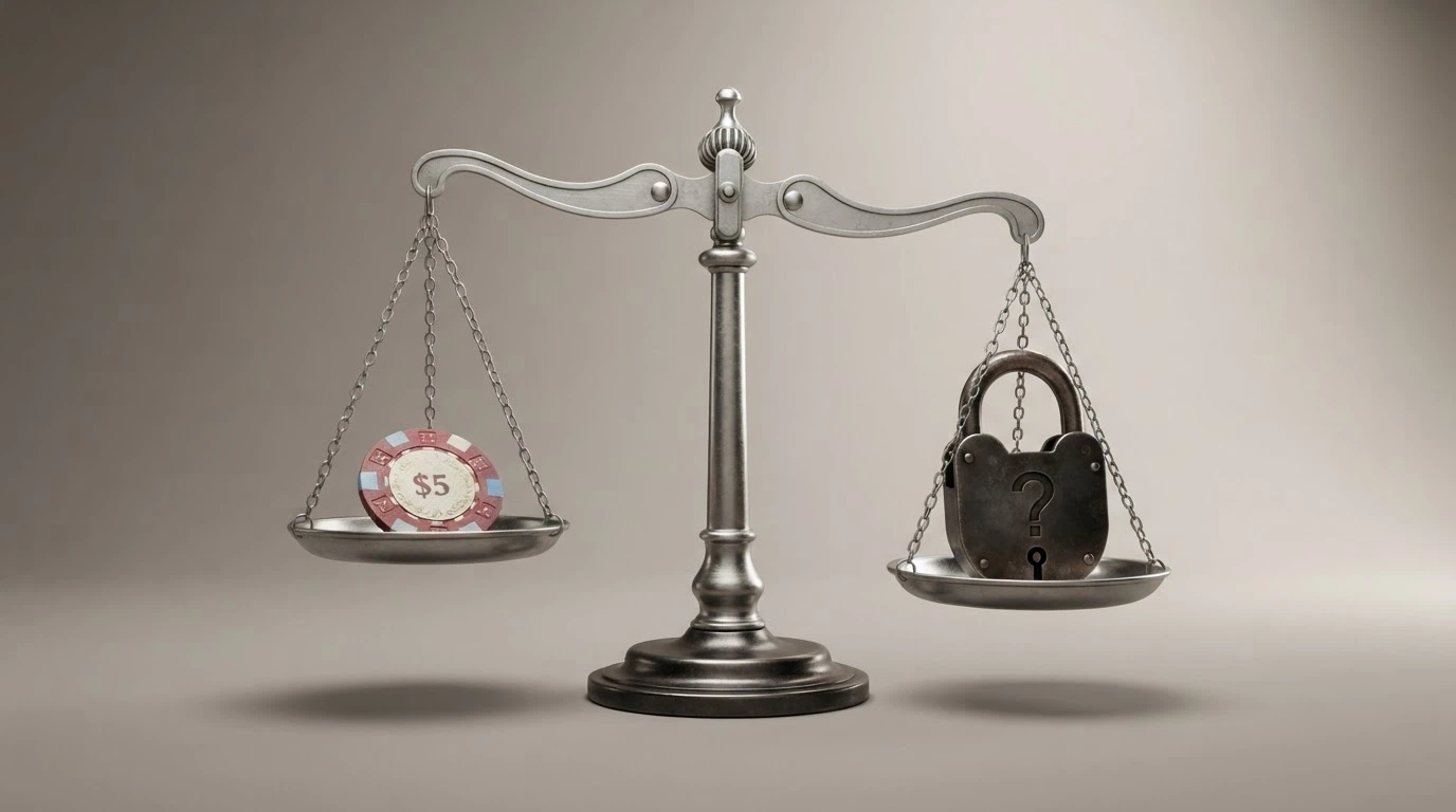 A set of balance scales with a $2 coin on one side and a padlock and question mark on the other
