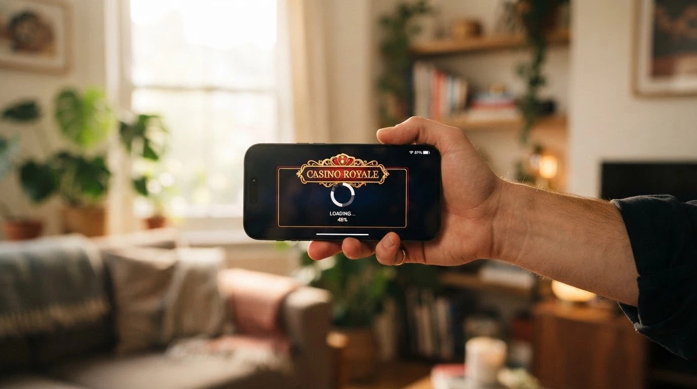 A hand holding a smartphone in landscape orientation showing a casino game loading screen, with a progress spinner and a Wi-Fi icon