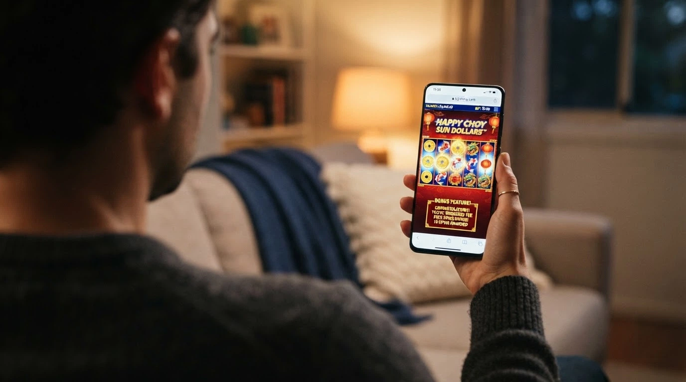 A smartphone held in one hand showing a pokies game in a mobile browser (no app icon visible), with a bonus-activation pop-up on screen