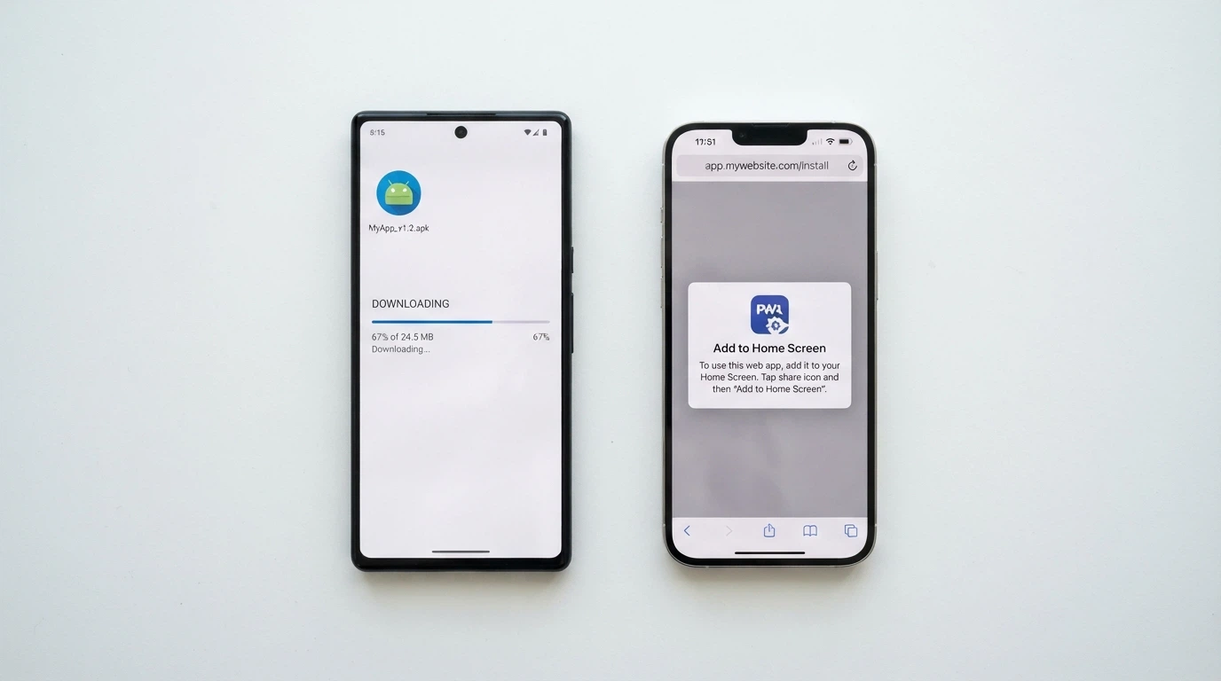 Two smartphones side by side showing a casino app on Android via an APK install and on iOS via the mobile browser