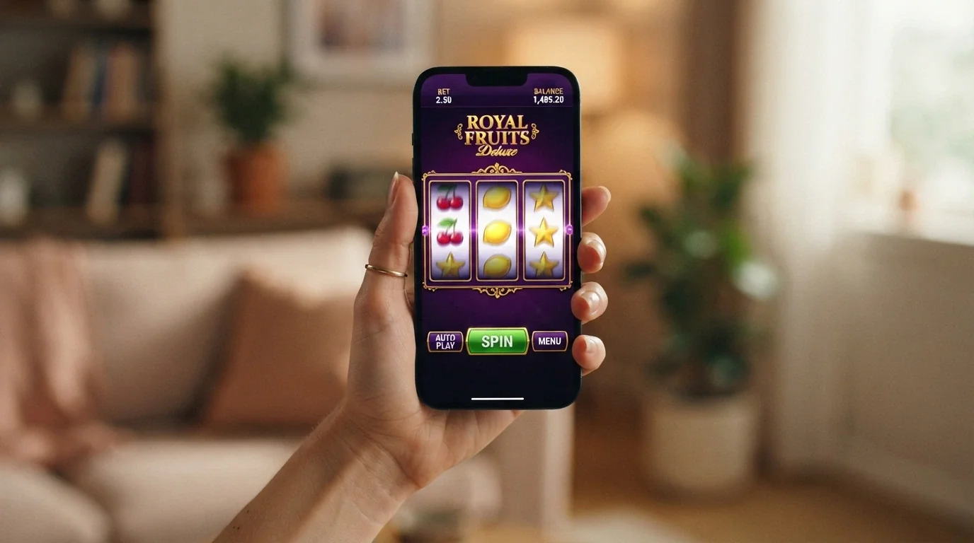 A hand holding a smartphone with a pokies game spinning on the screen