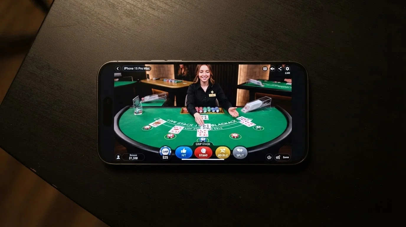 A smartphone held in landscape orientation displaying a live-dealer blackjack table with a BCH balance and bet-placement buttons overlaid, the dealer mid-deal.