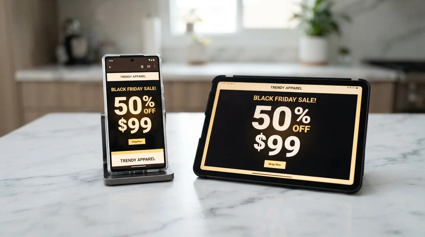 A split-screen view of a casino bonus offer on a smartphone mobile browser and a tablet app side by side