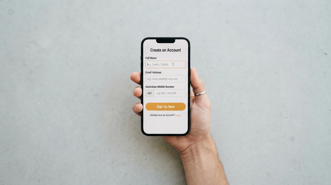 A hand holding a smartphone displaying a casino registration form with fields for name, email and phone number, the sign-up button highlighted