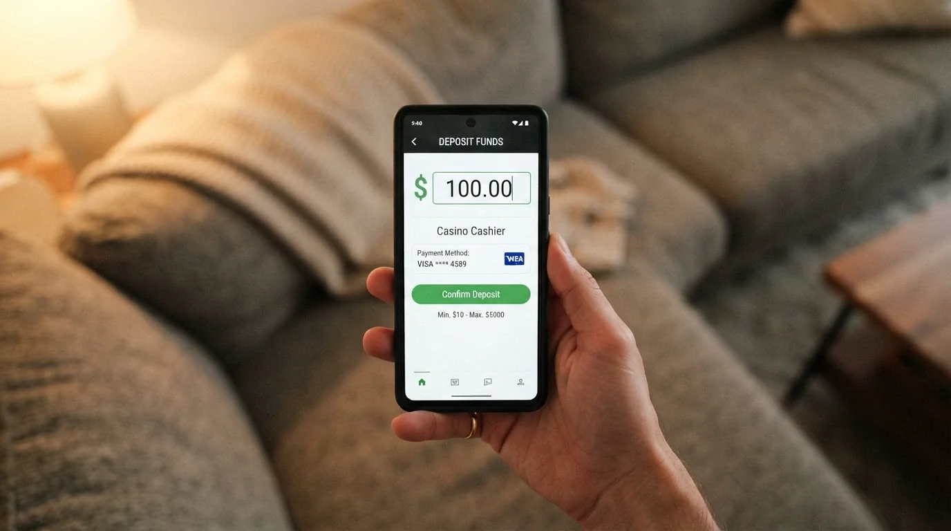 A hand holding a smartphone showing a casino deposit screen